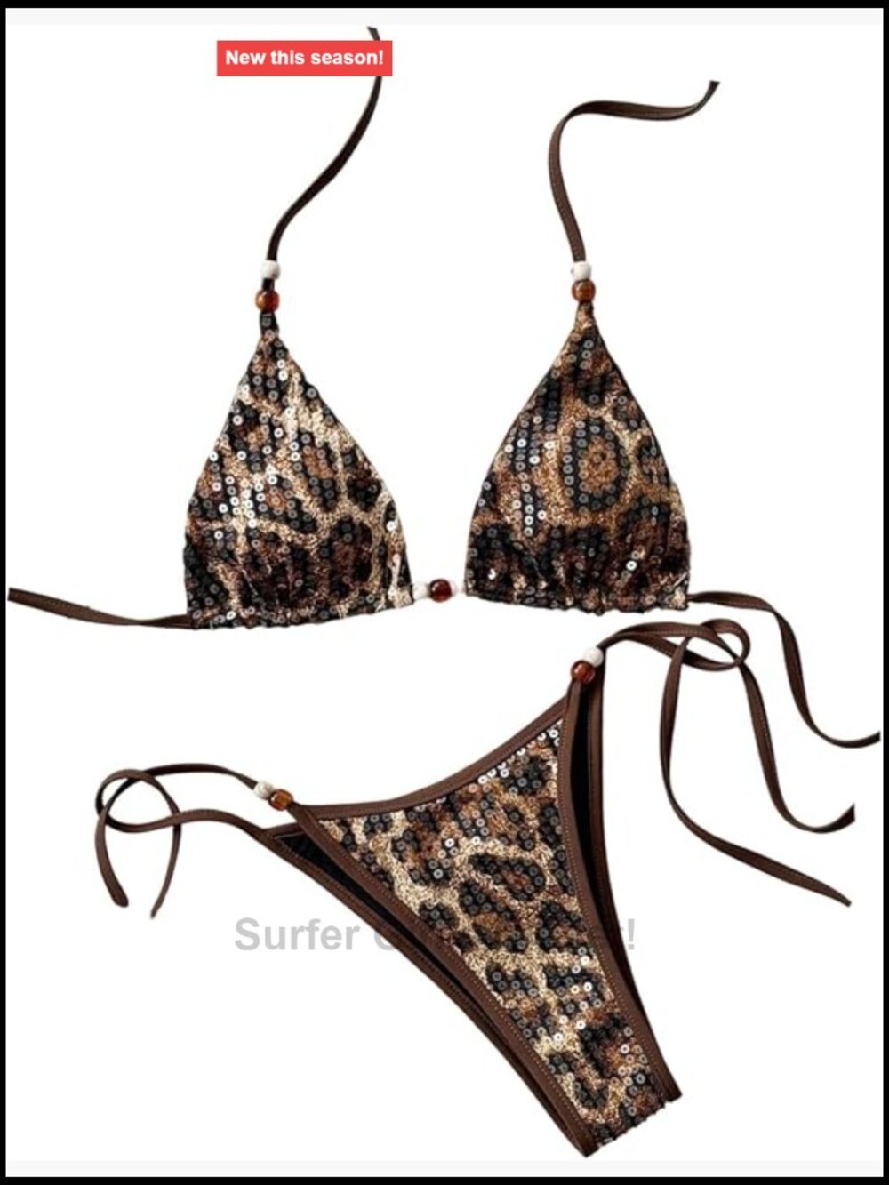 Sequin Sparkly Triangle Halter Bikini Set Leopard Print Swimwear Beachwear